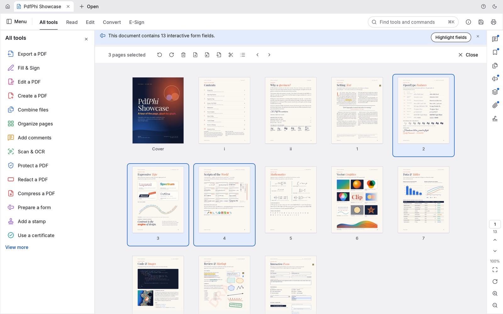 PdfPhi's Organize pages grid with three pages selected and the page tools above